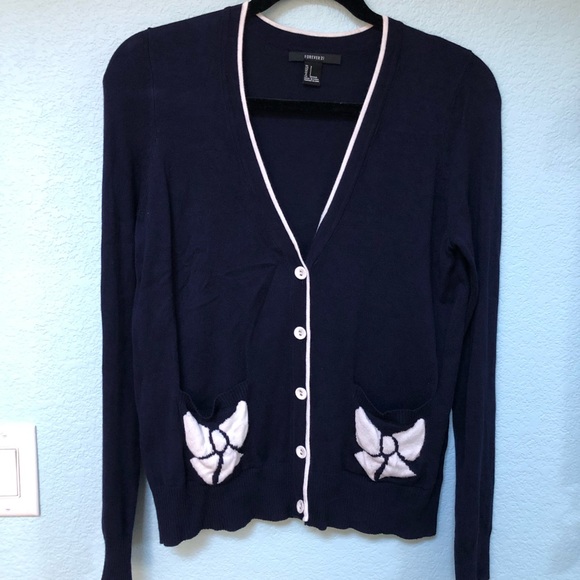 Forever 21 Blue V-neck Cardigan with Bow Pockets - Picture 1 of 3